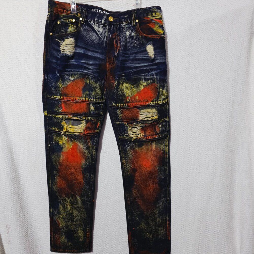 Rogue Vintage Fashion Jeans Blue Multicolor Painted Distressed Zipper W38/L33